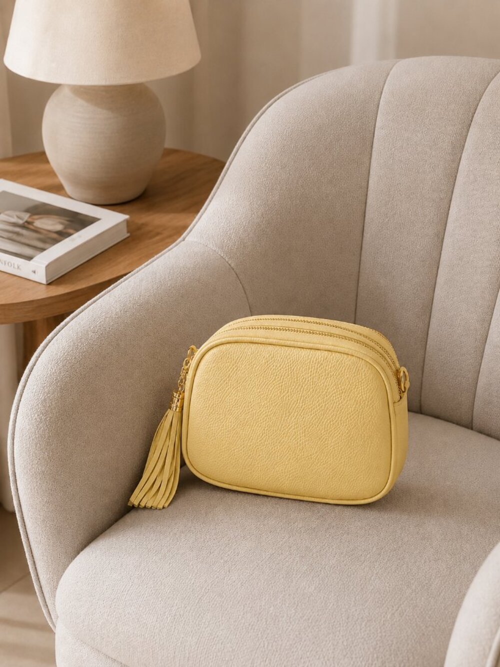 Italian Leather Crossbody Bag, Butter Yellow Tassel Purse, Triple Compartment Or